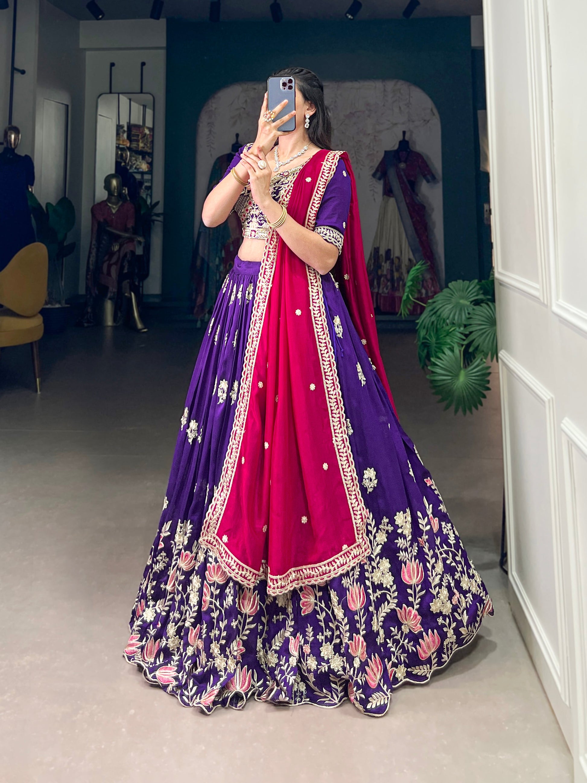 Lorenvalley Purple Vichitra Silk Sequins and Thread Embroidery Work Lehenga Choli | Swadesiicart