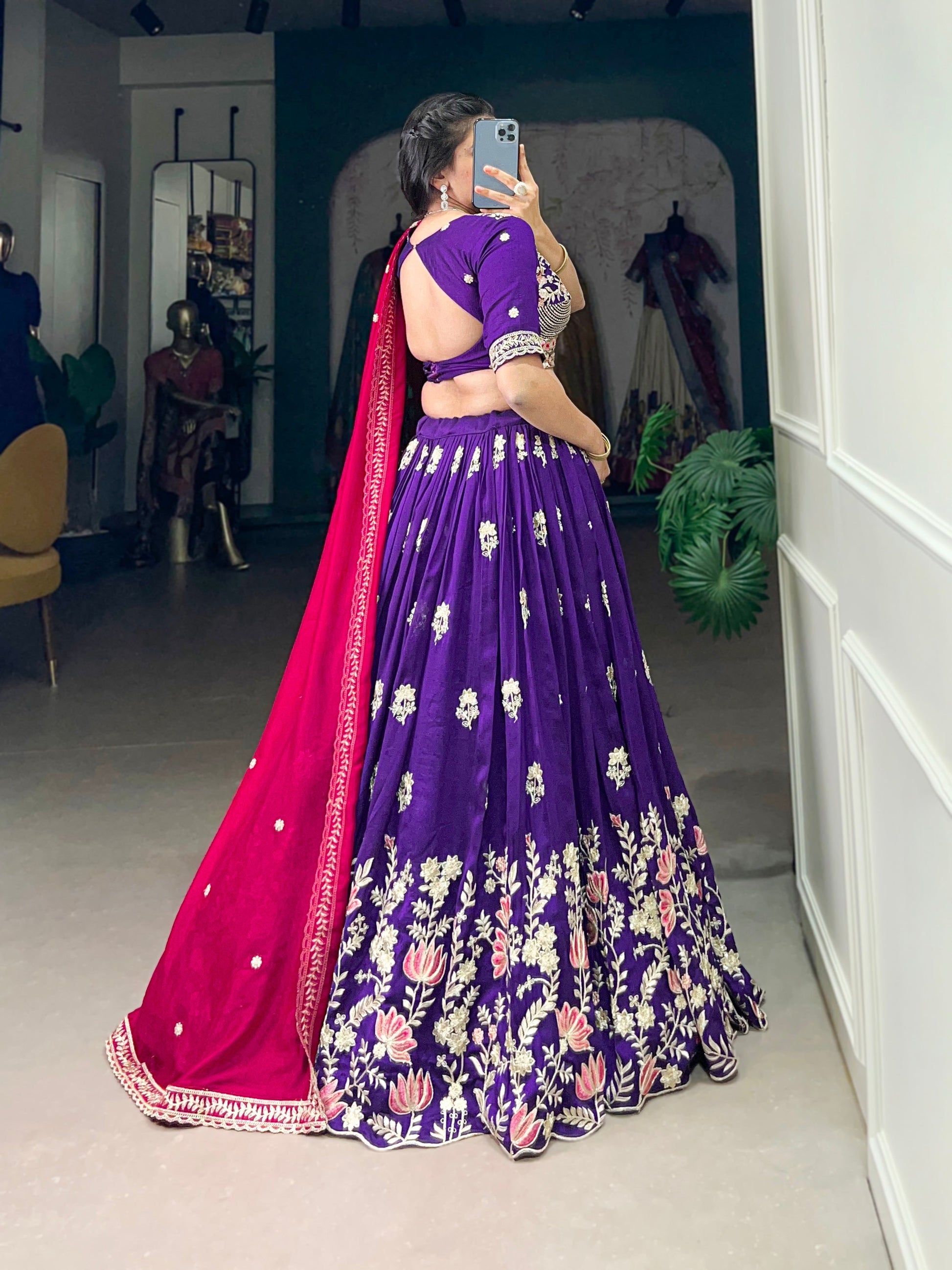 Lorenvalley Purple Vichitra Silk Sequins and Thread Embroidery Work Lehenga Choli | Swadesiicart