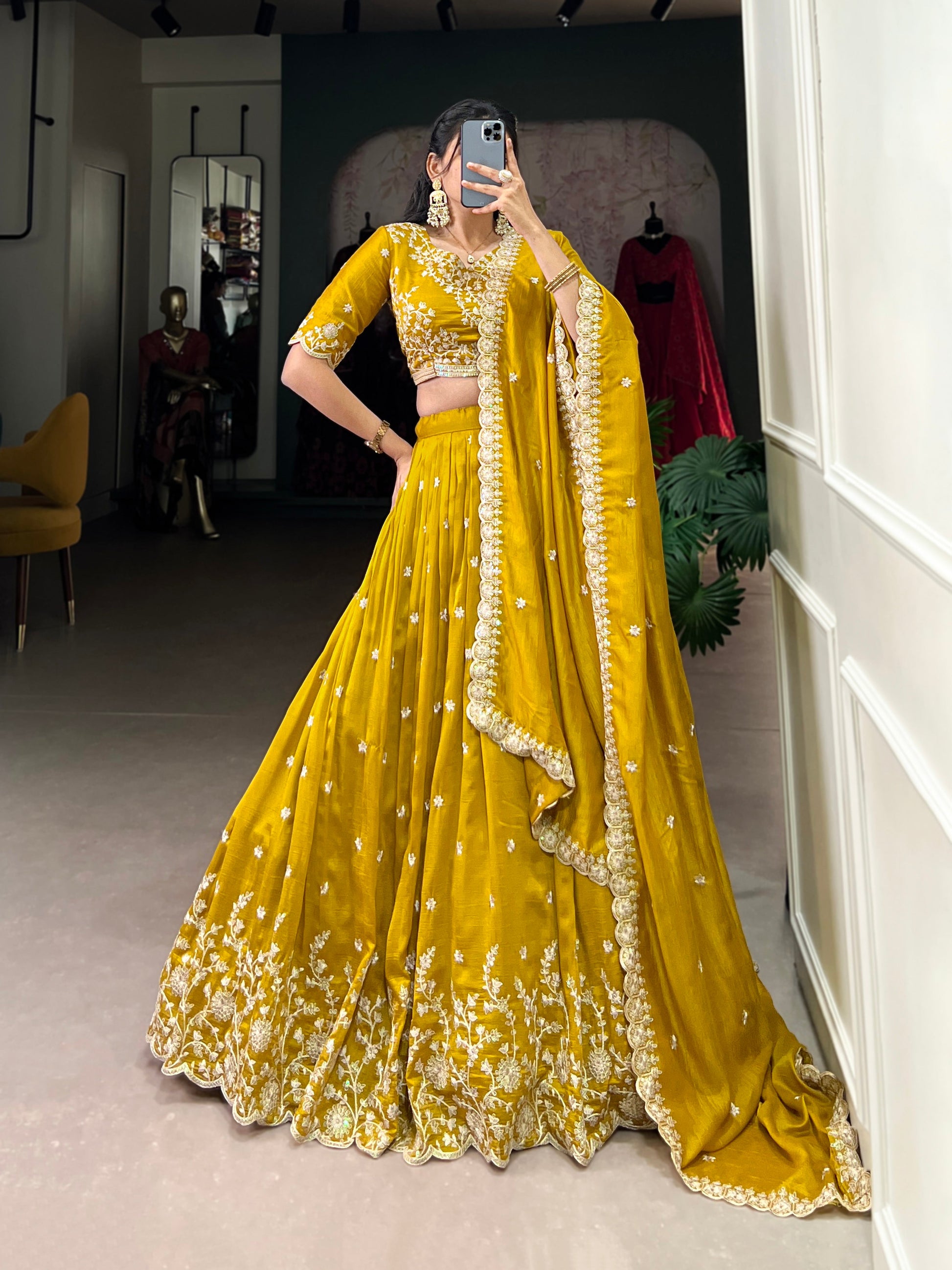 Lorenvalley Mustard Vichitra Silk Sequins and Thread Embroidery Work Lehenga Choli | Swadesiicart