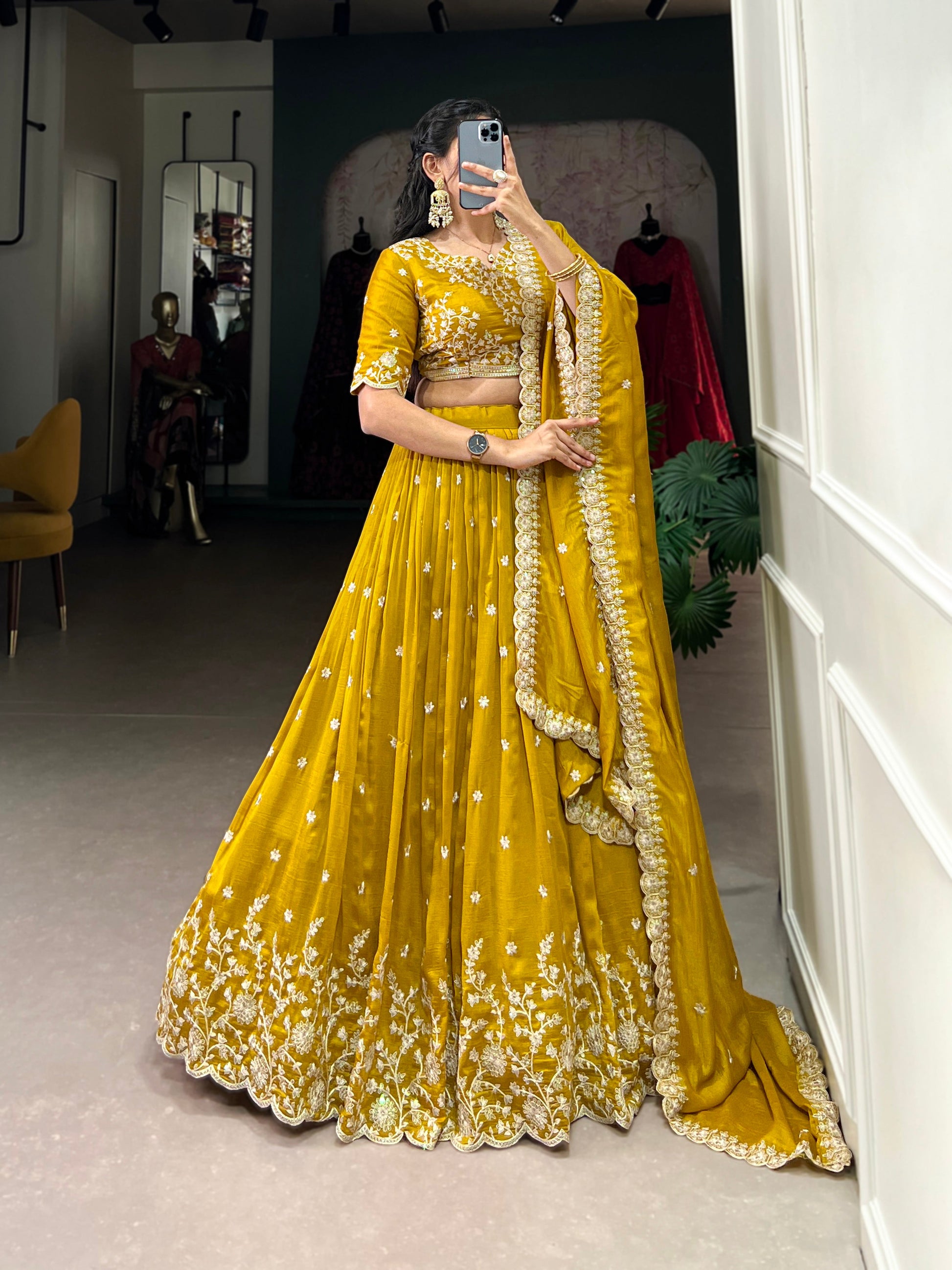 Lorenvalley Mustard Vichitra Silk Sequins and Thread Embroidery Work Lehenga Choli | Swadesiicart