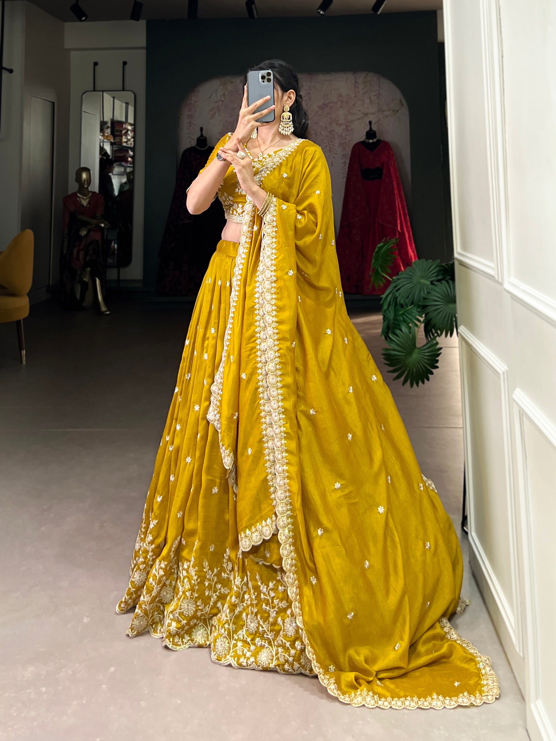 Lorenvalley Mustard Vichitra Silk Sequins and Thread Embroidery Work Lehenga Choli | Swadesiicart