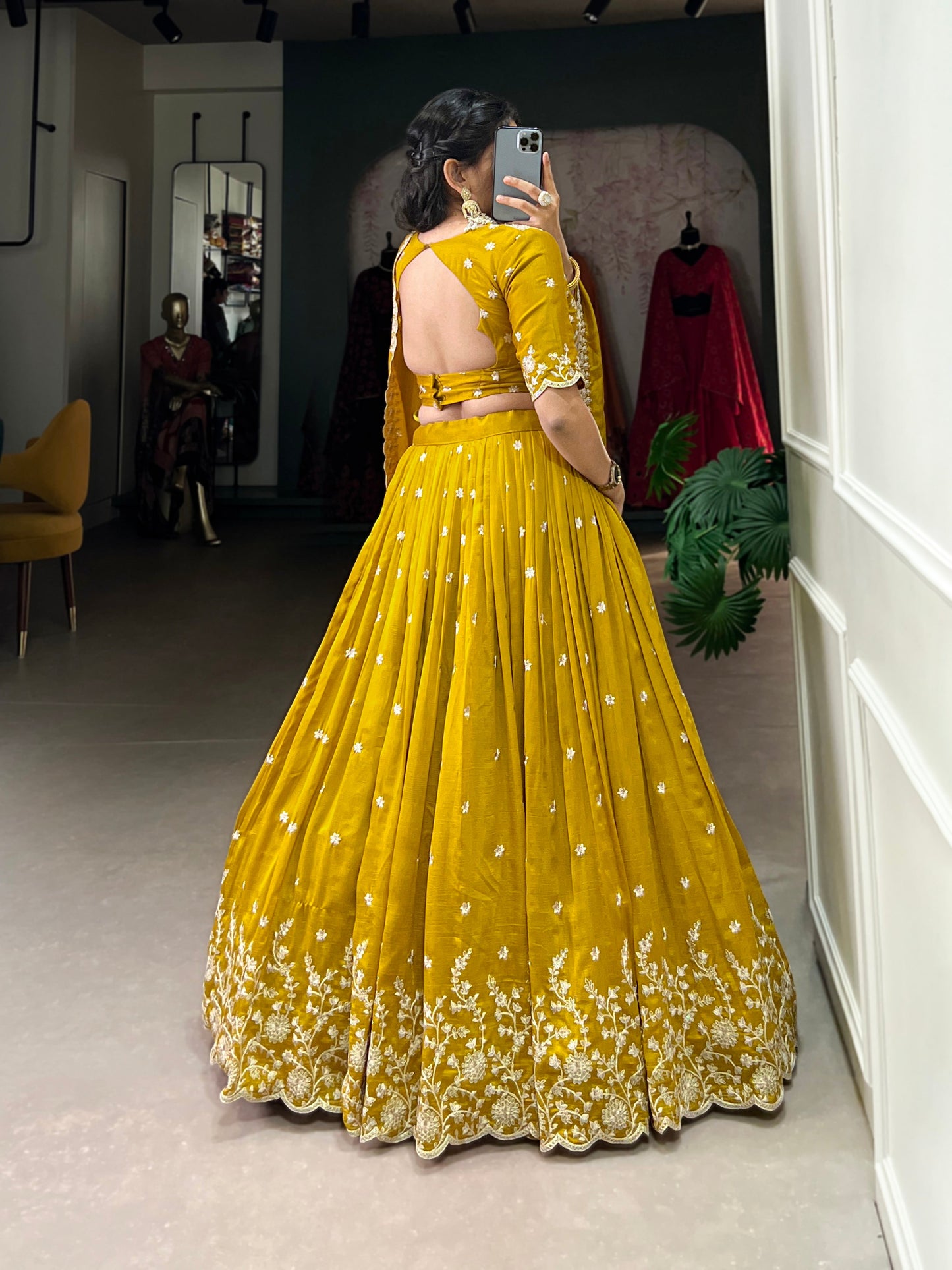 Lorenvalley Mustard Vichitra Silk Sequins and Thread Embroidery Work Lehenga Choli | Swadesiicart