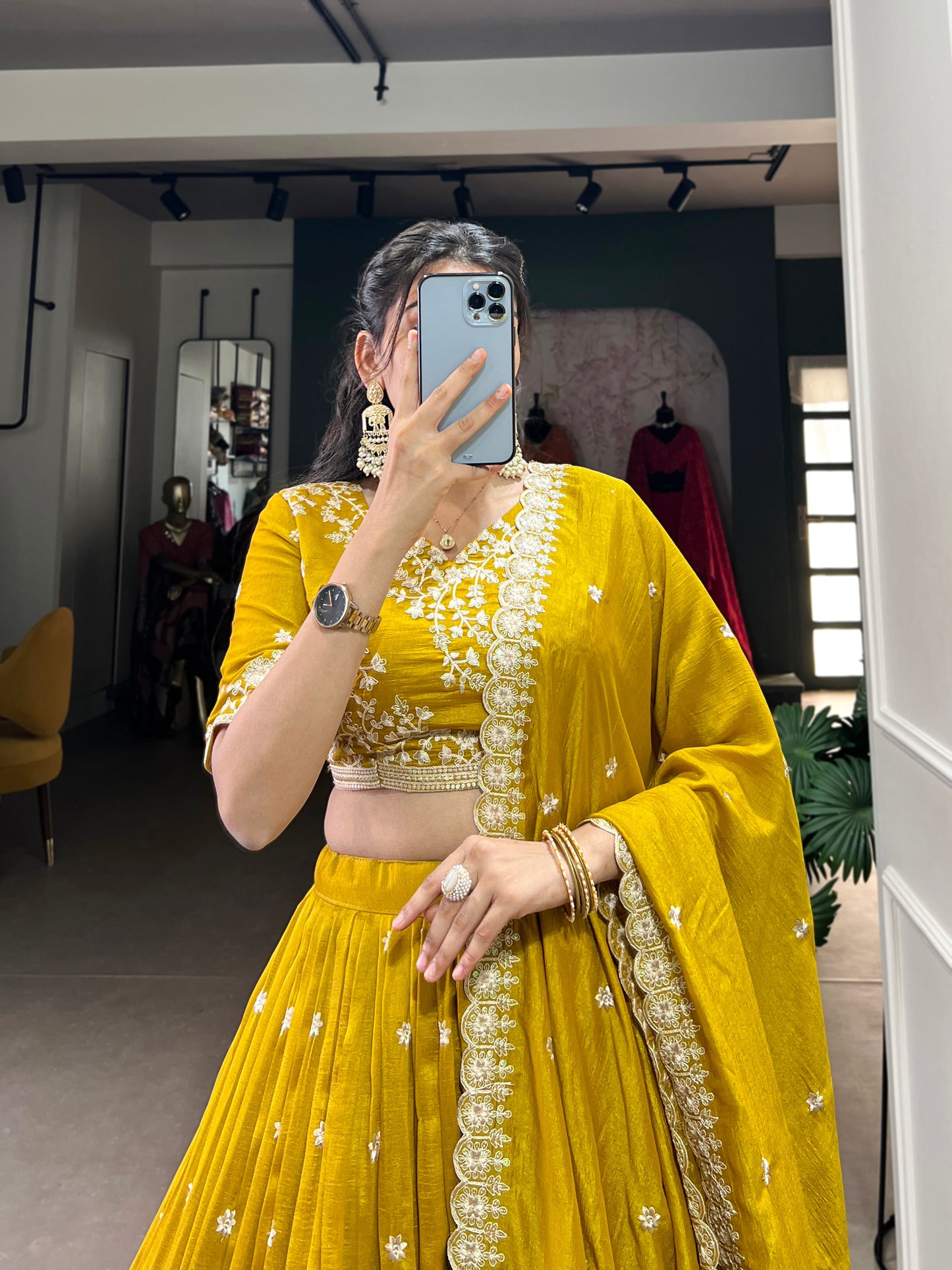 Lorenvalley Mustard Vichitra Silk Sequins and Thread Embroidery Work Lehenga Choli | Swadesiicart