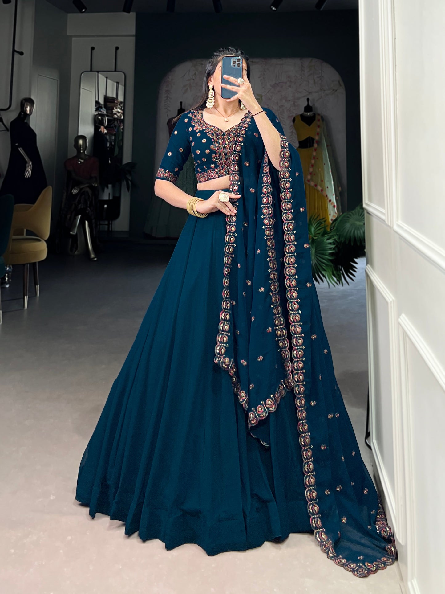 Lorenvalley Teal Georgette Plain Lehenga with Sequins and Thread Embroidery work Choli with Dupatta | Swadesiicart