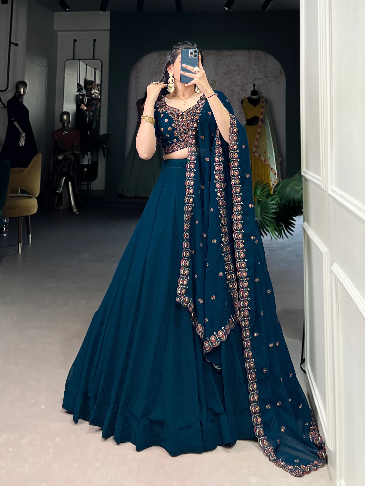 Lorenvalley Teal Georgette Plain Lehenga with Sequins and Thread Embroidery work Choli with Dupatta | Swadesiicart
