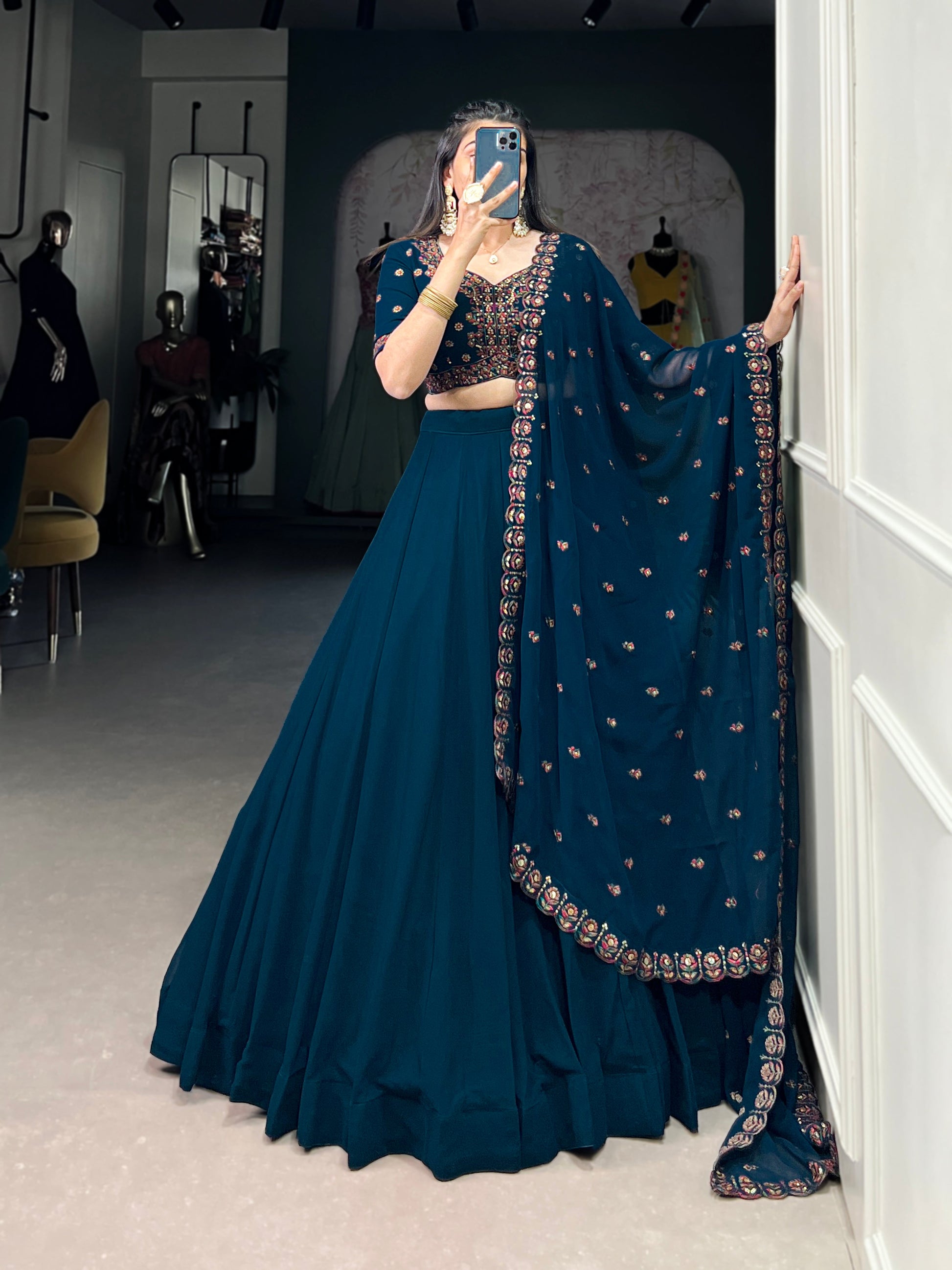 Lorenvalley Teal Georgette Plain Lehenga with Sequins and Thread Embroidery work Choli with Dupatta | Swadesiicart