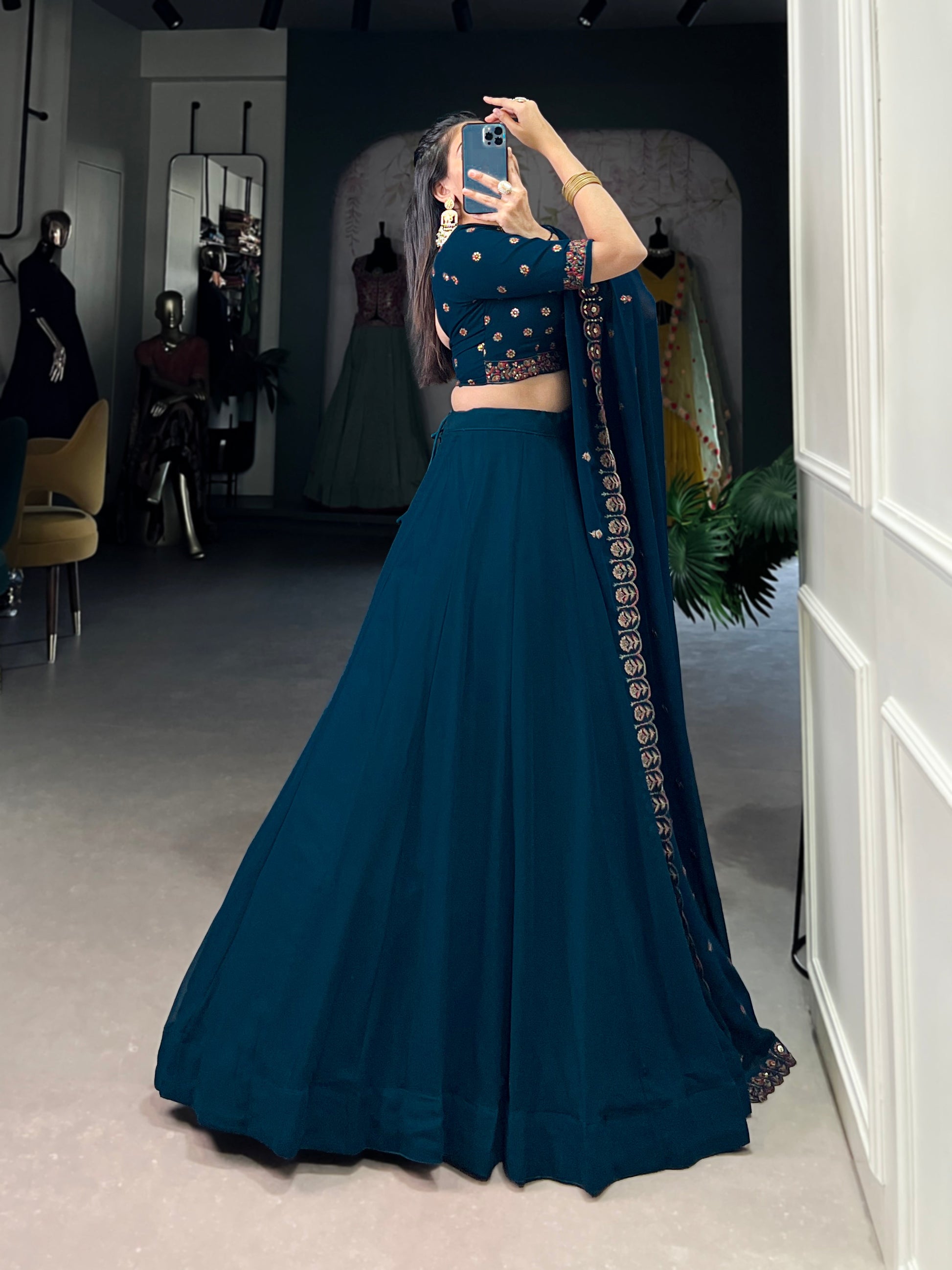Lorenvalley Teal Georgette Plain Lehenga with Sequins and Thread Embroidery work Choli with Dupatta | Swadesiicart