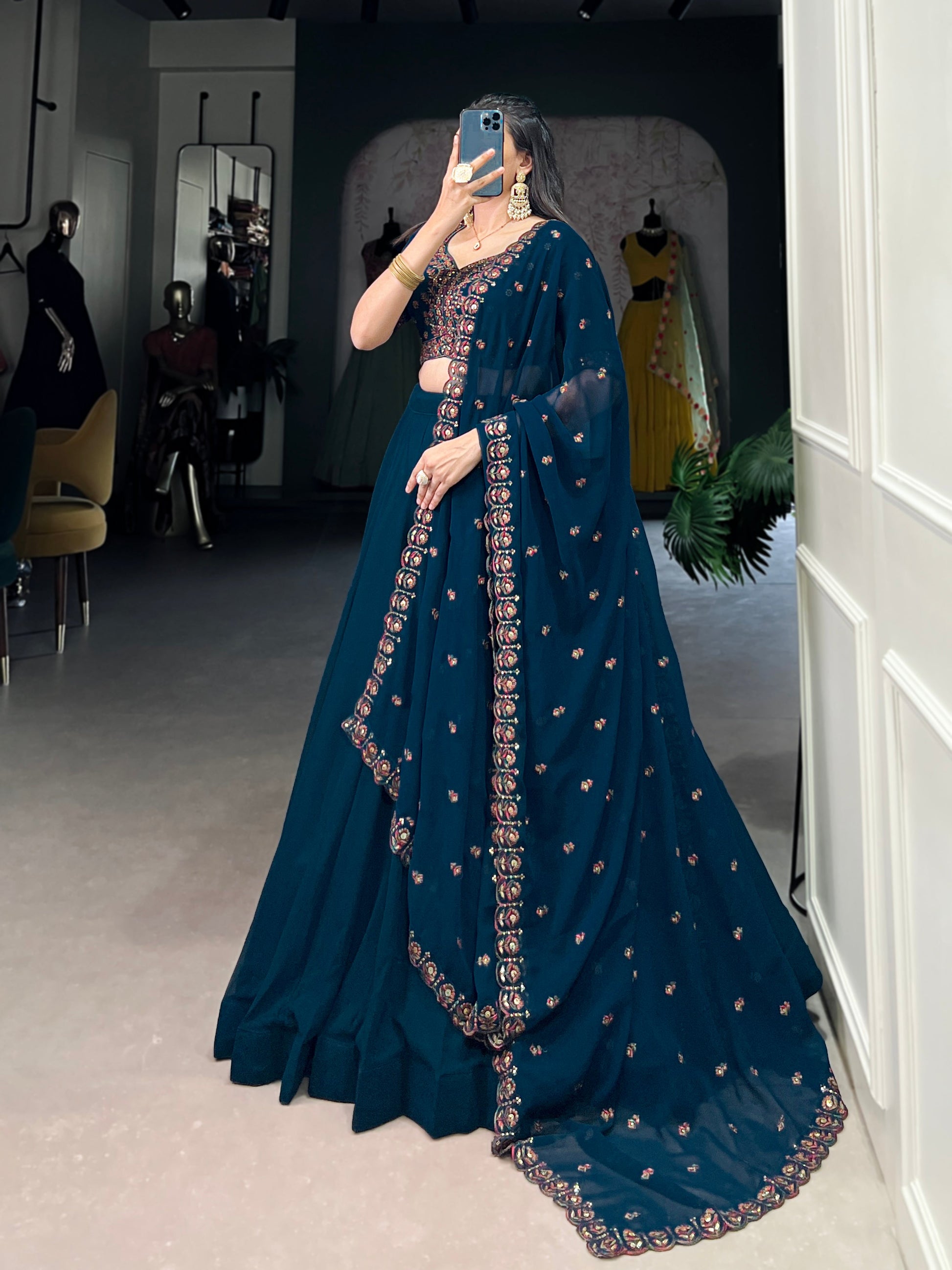 Lorenvalley Teal Georgette Plain Lehenga with Sequins and Thread Embroidery work Choli with Dupatta | Swadesiicart