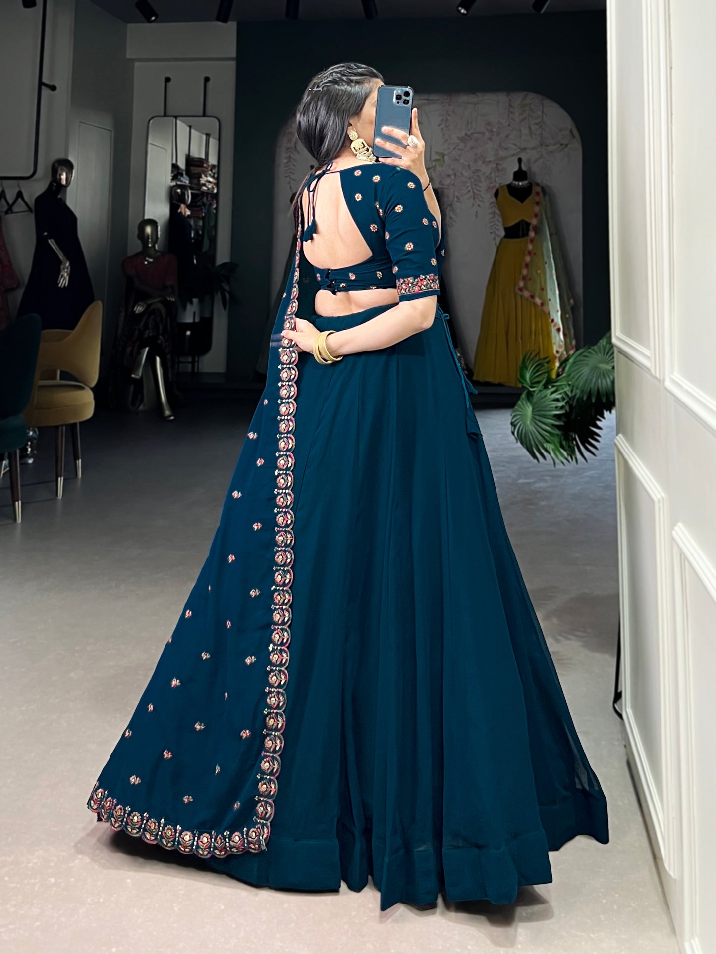 Lorenvalley Teal Georgette Plain Lehenga with Sequins and Thread Embroidery work Choli with Dupatta | Swadesiicart