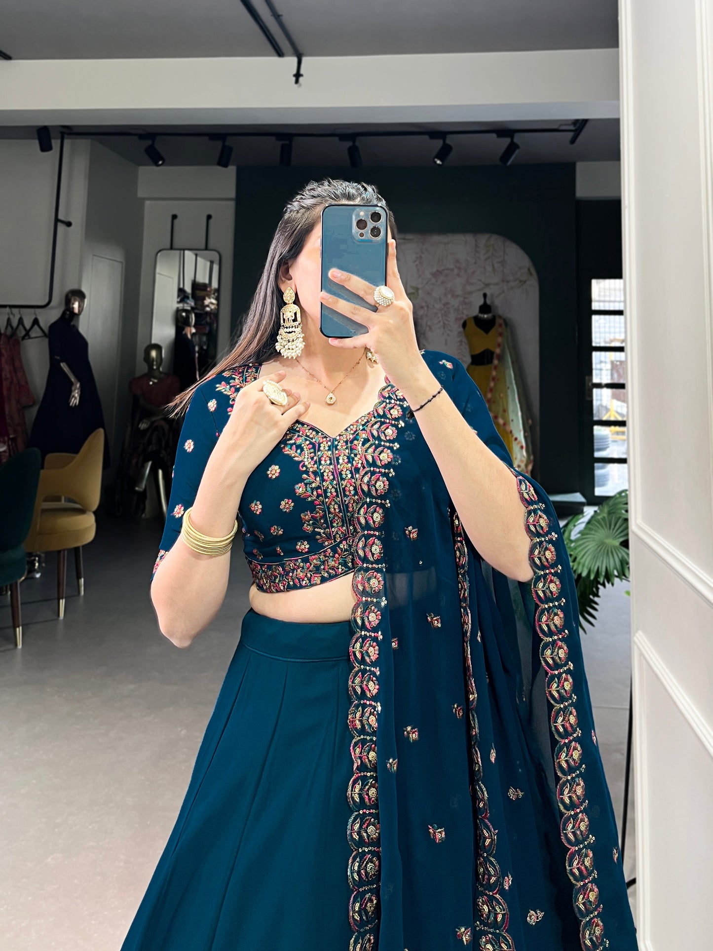 Lorenvalley Teal Georgette Plain Lehenga with Sequins and Thread Embroidery work Choli with Dupatta | Swadesiicart