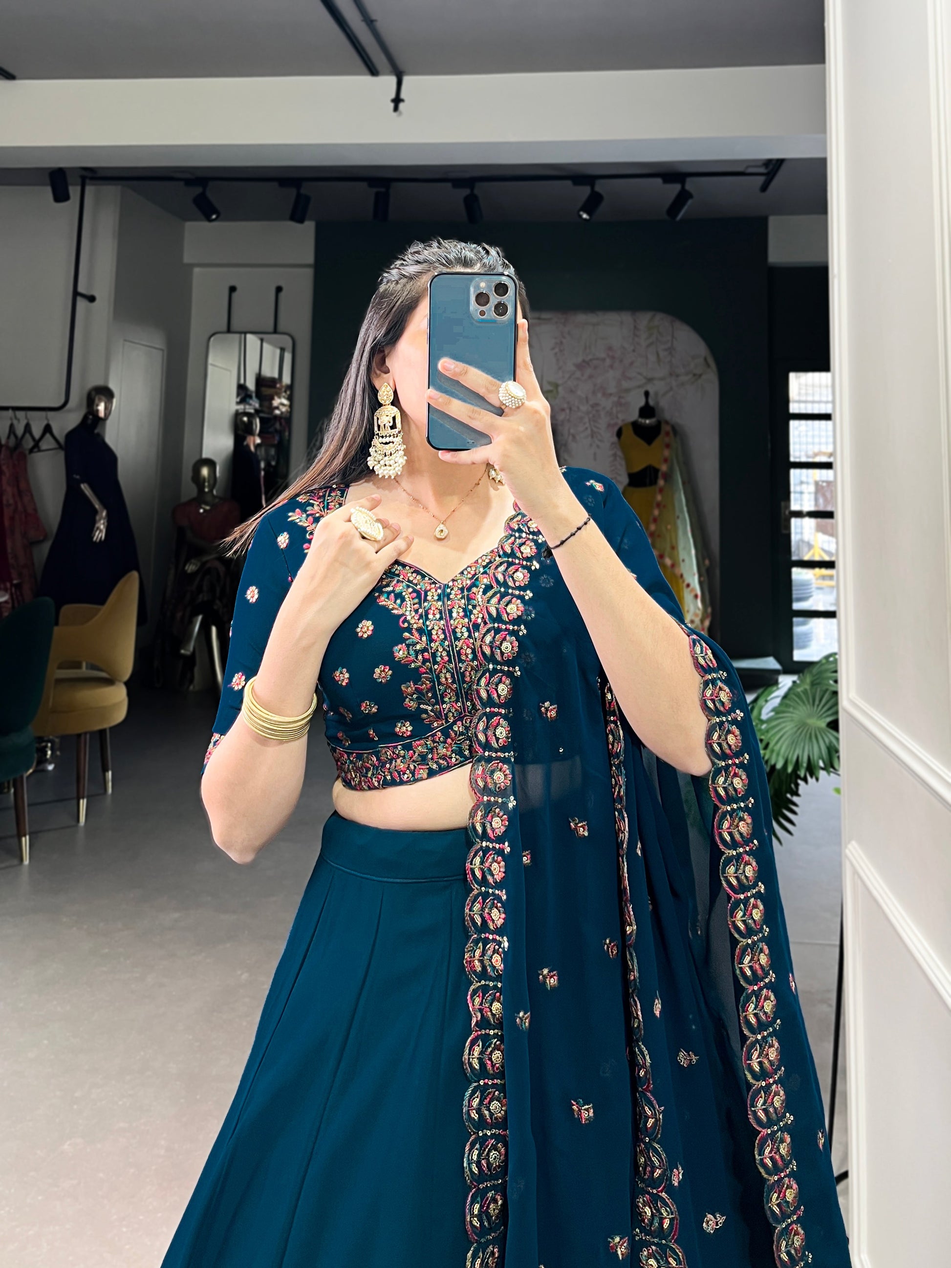 Lorenvalley Teal Georgette Plain Lehenga with Sequins and Thread Embroidery work Choli with Dupatta | Swadesiicart