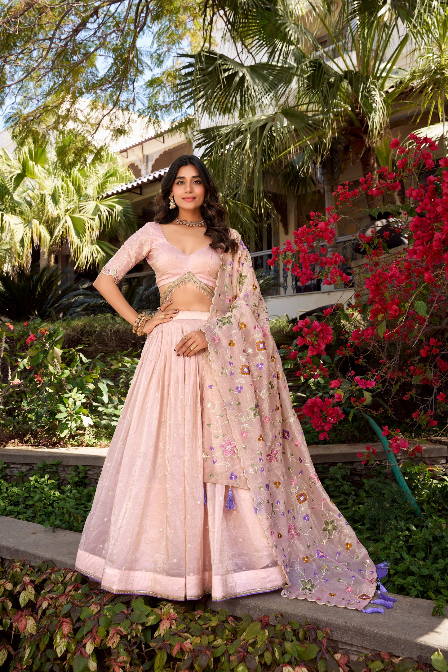 Lorenvalley Light Pink Gold Crush Fabric Sequins and Thread Embroidery All Over Butties Work Lehenga choli | Swadesiicart