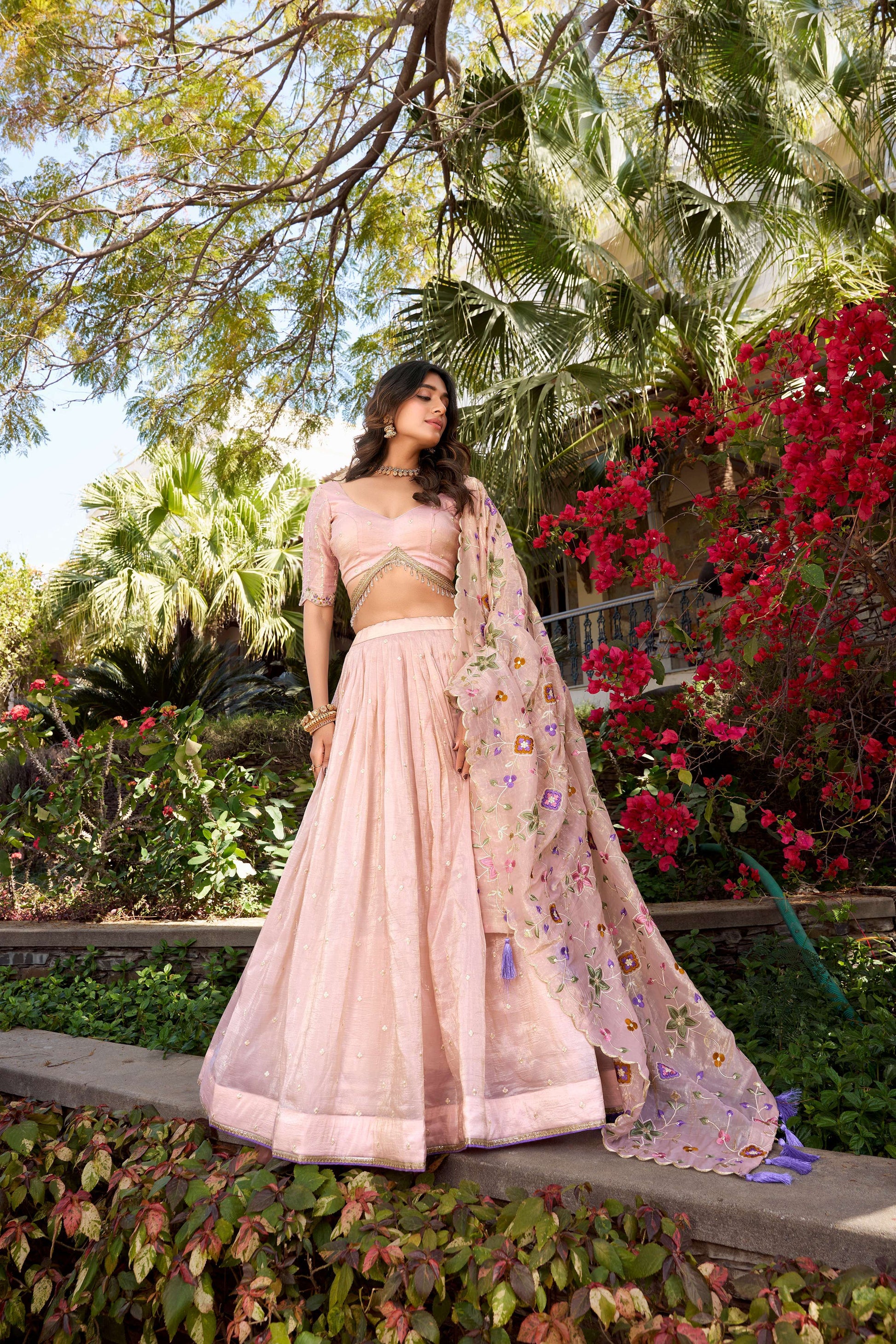 Lorenvalley Light Pink Gold Crush Fabric Sequins and Thread Embroidery All Over Butties Work Lehenga choli | Swadesiicart