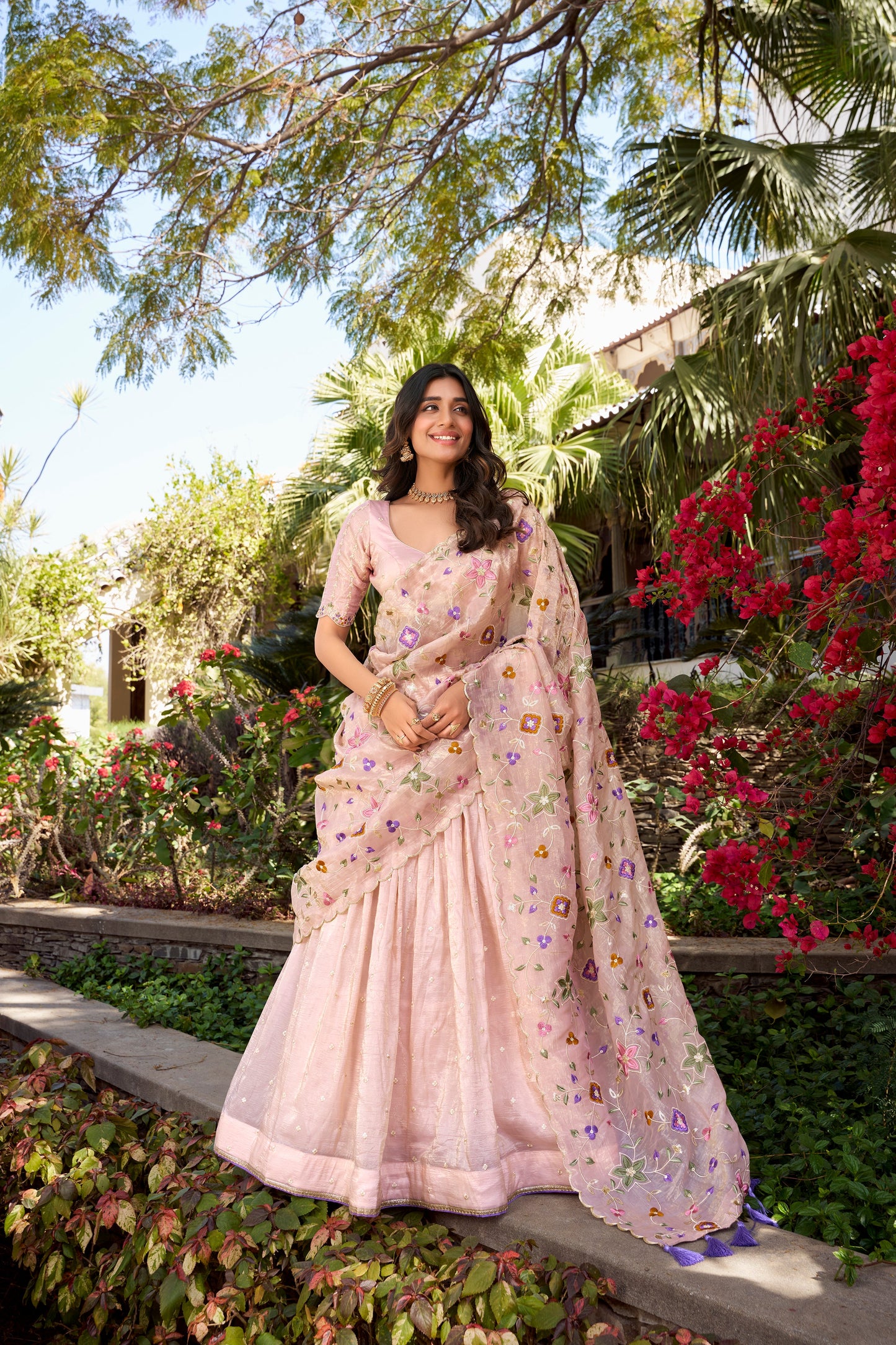 Lorenvalley Light Pink Gold Crush Fabric Sequins and Thread Embroidery All Over Butties Work Lehenga choli | Swadesiicart