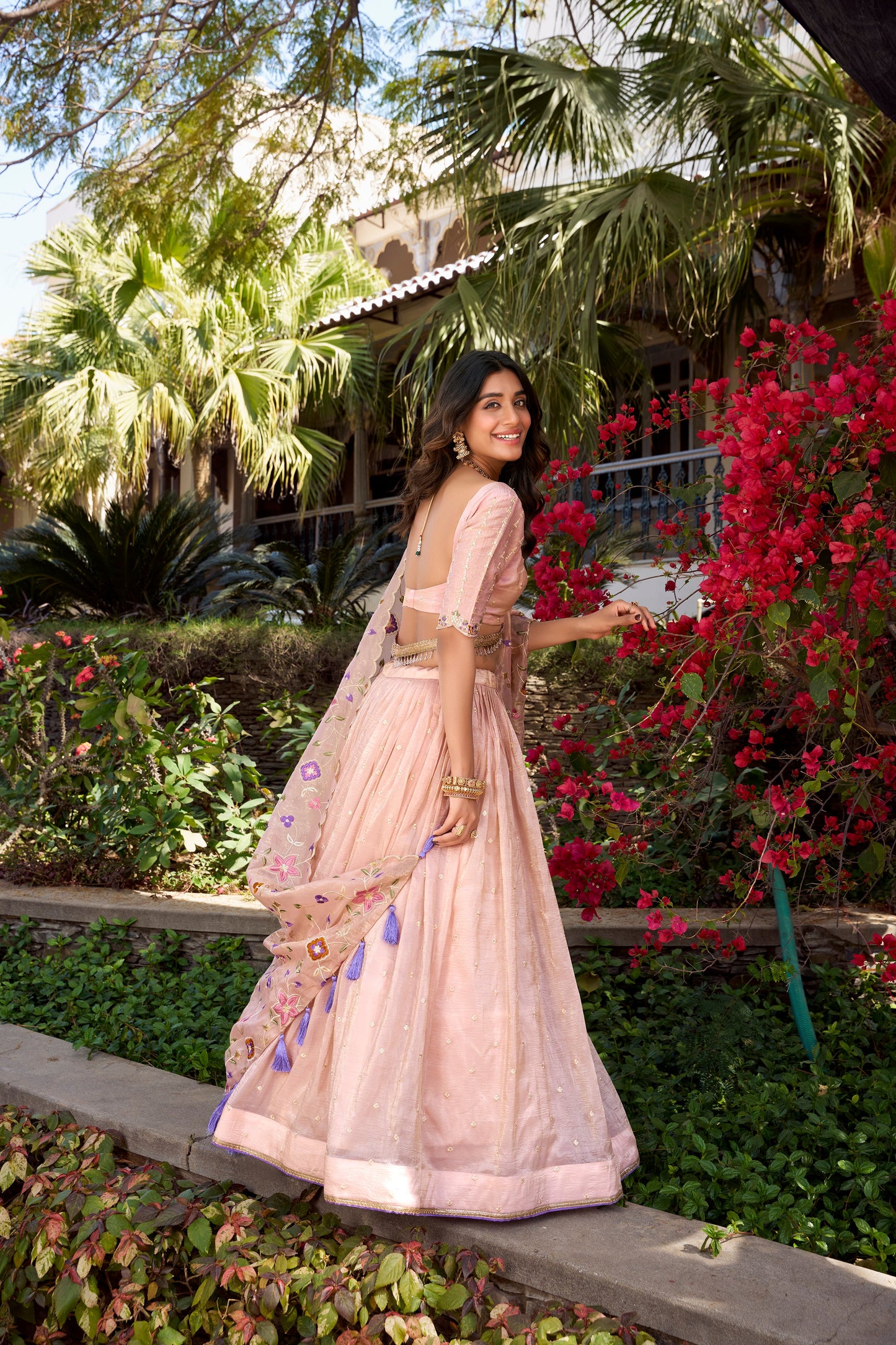 Lorenvalley Light Pink Gold Crush Fabric Sequins and Thread Embroidery All Over Butties Work Lehenga choli | Swadesiicart