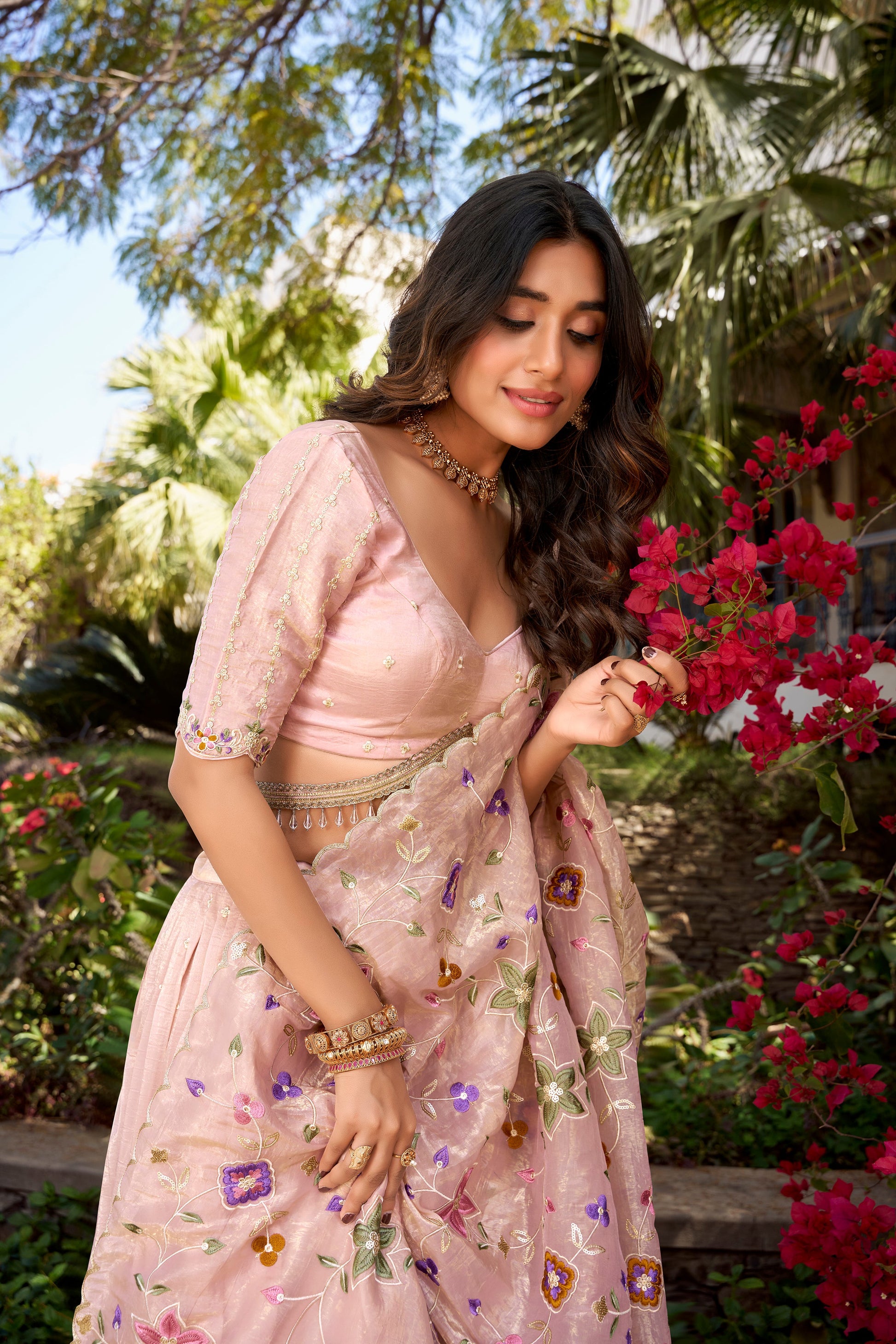 Lorenvalley Light Pink Gold Crush Fabric Sequins and Thread Embroidery All Over Butties Work Lehenga choli | Swadesiicart