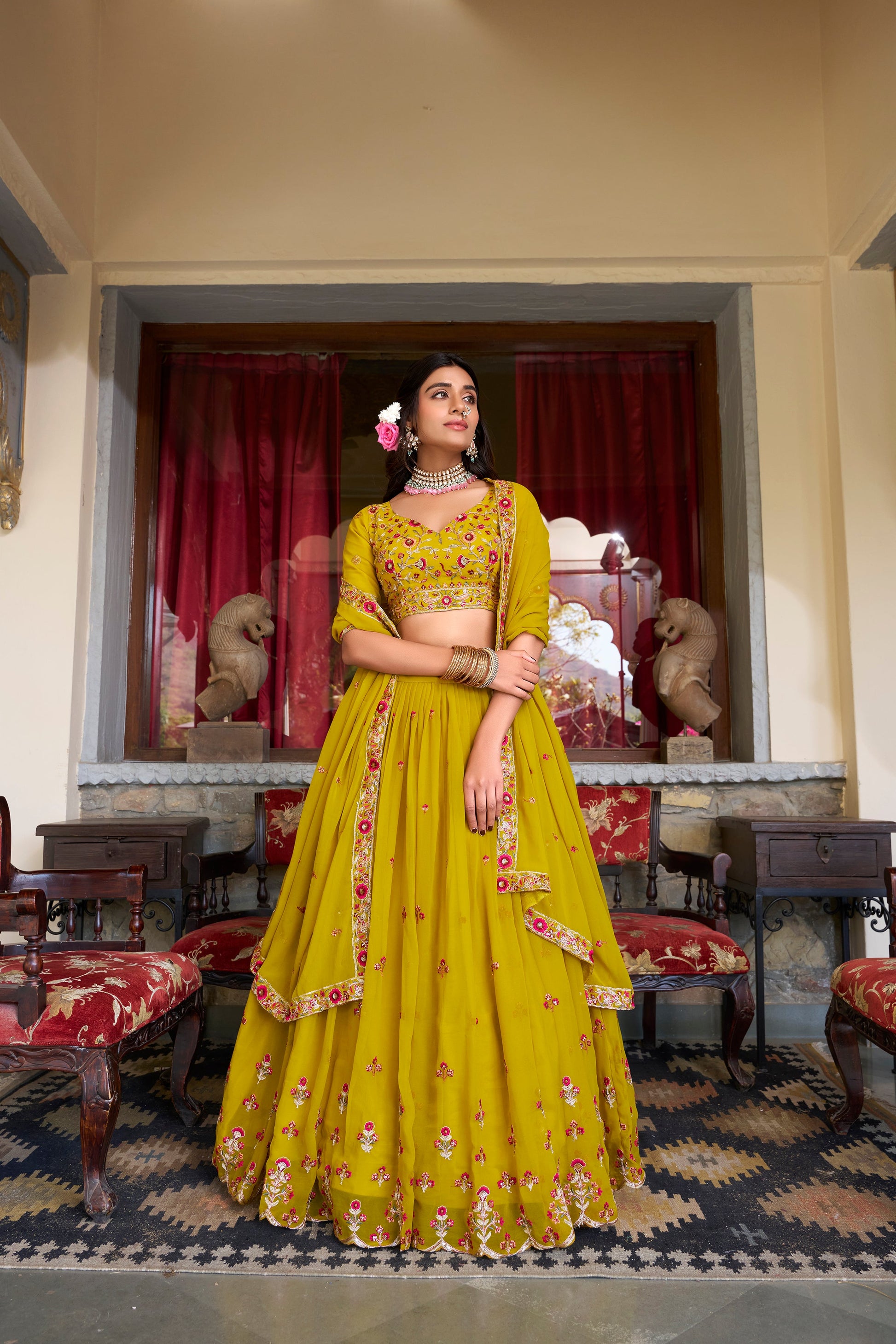 Lorenvalley Mustard Georgette Sequins and Thread Embroidery Work Lehenga Choli | Swadesiicart