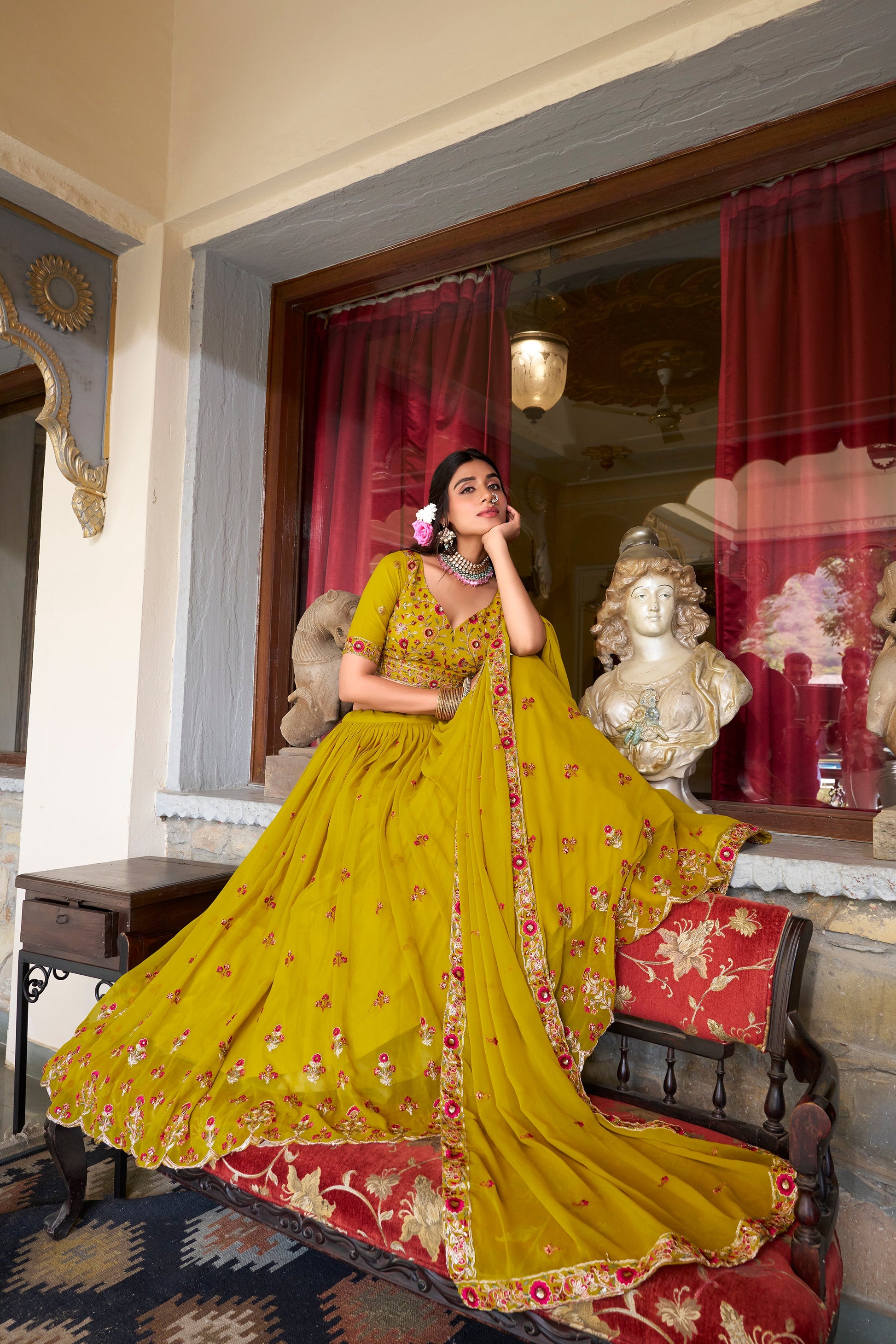Lorenvalley Mustard Georgette Sequins and Thread Embroidery Work Lehenga Choli | Swadesiicart