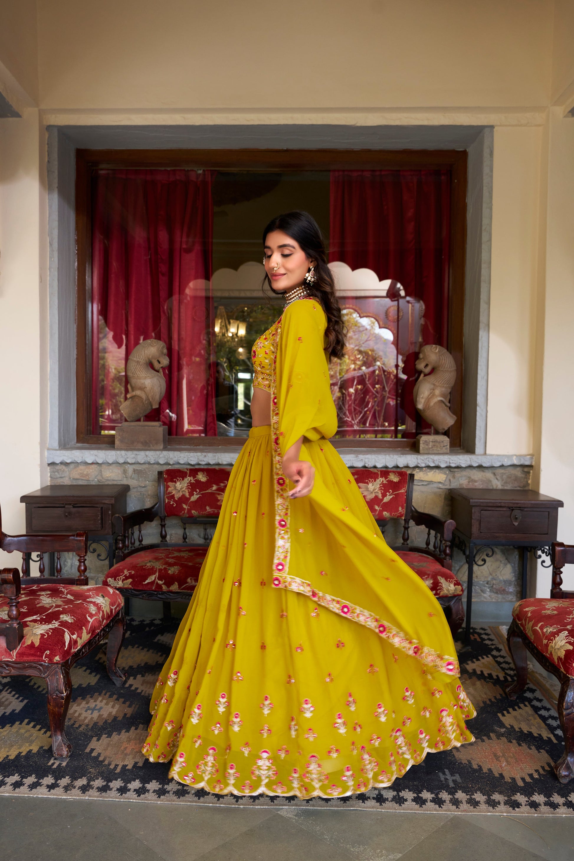 Lorenvalley Mustard Georgette Sequins and Thread Embroidery Work Lehenga Choli | Swadesiicart