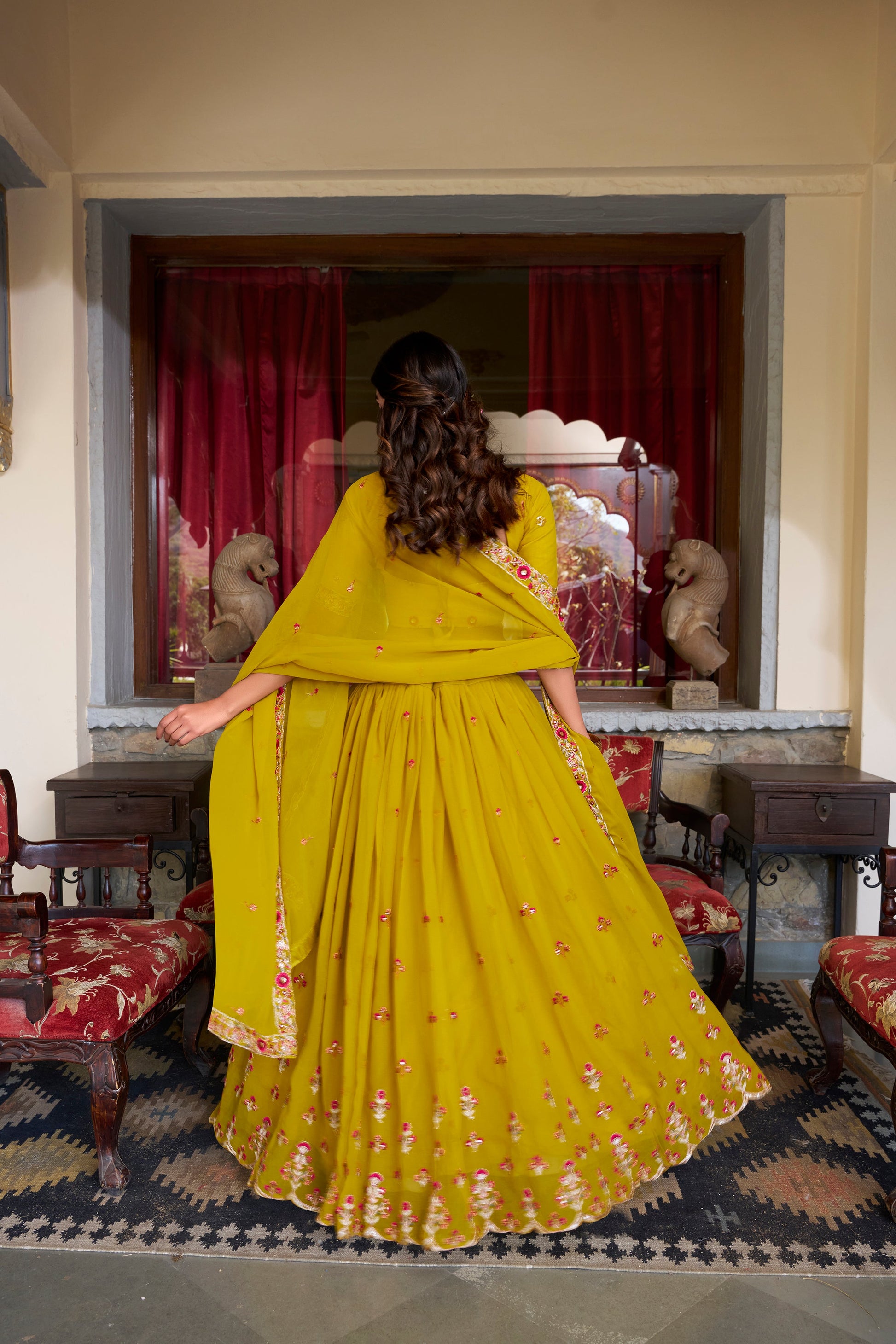 Lorenvalley Mustard Georgette Sequins and Thread Embroidery Work Lehenga Choli | Swadesiicart