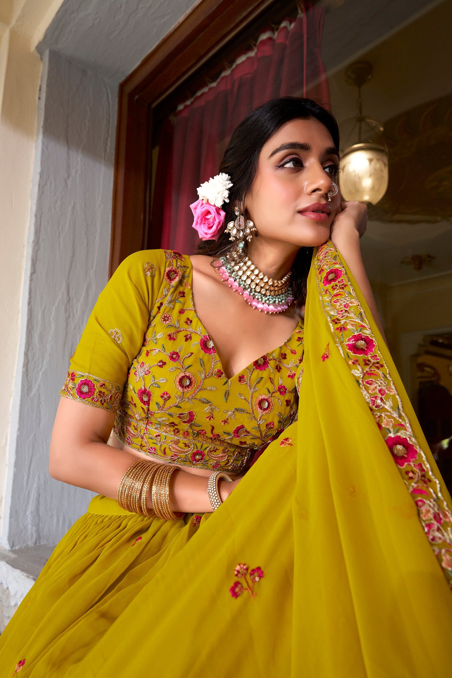 Lorenvalley Mustard Georgette Sequins and Thread Embroidery Work Lehenga Choli | Swadesiicart