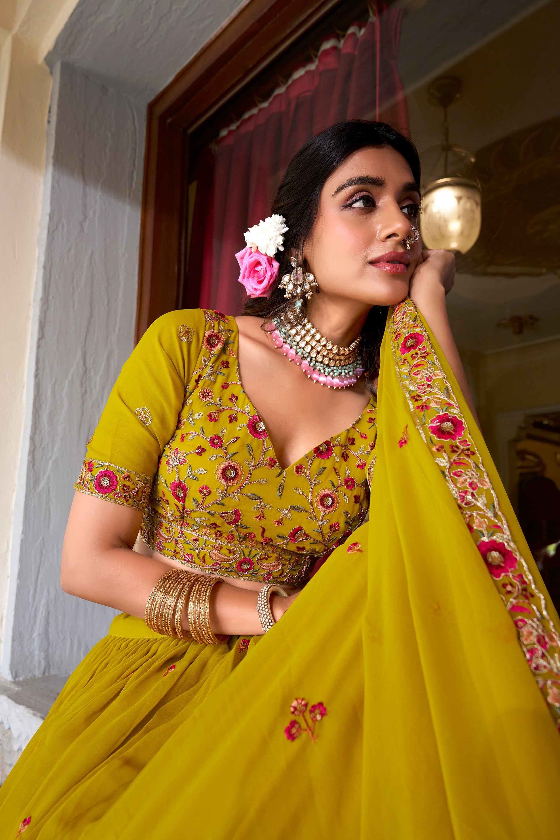 Lorenvalley Mustard Georgette Sequins and Thread Embroidery Work Lehenga Choli | Swadesiicart