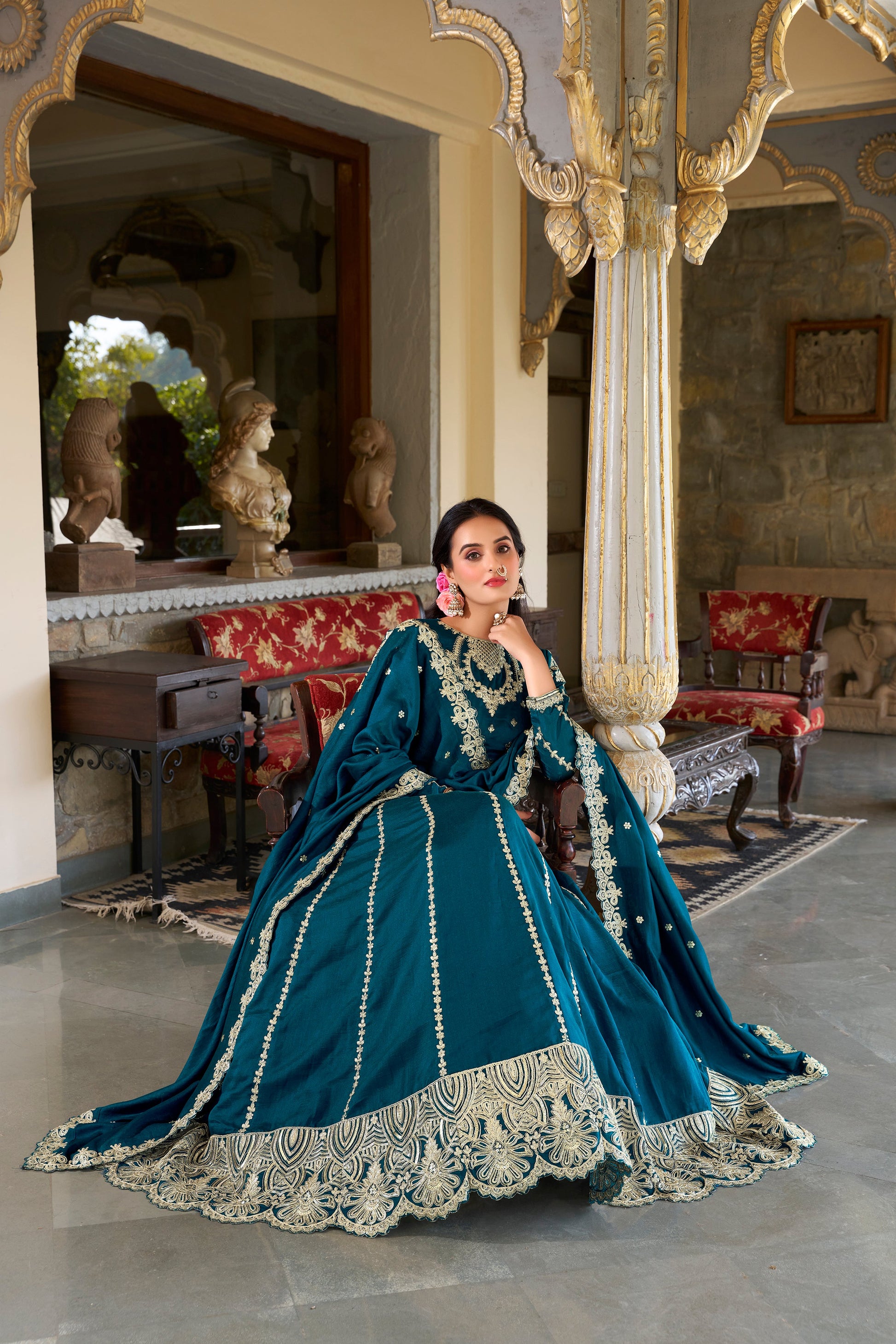 Lorenvalley Rama Vichitra Silk Sequins and Thread Embroidery Work Lehenga Choli | Swadesiicart