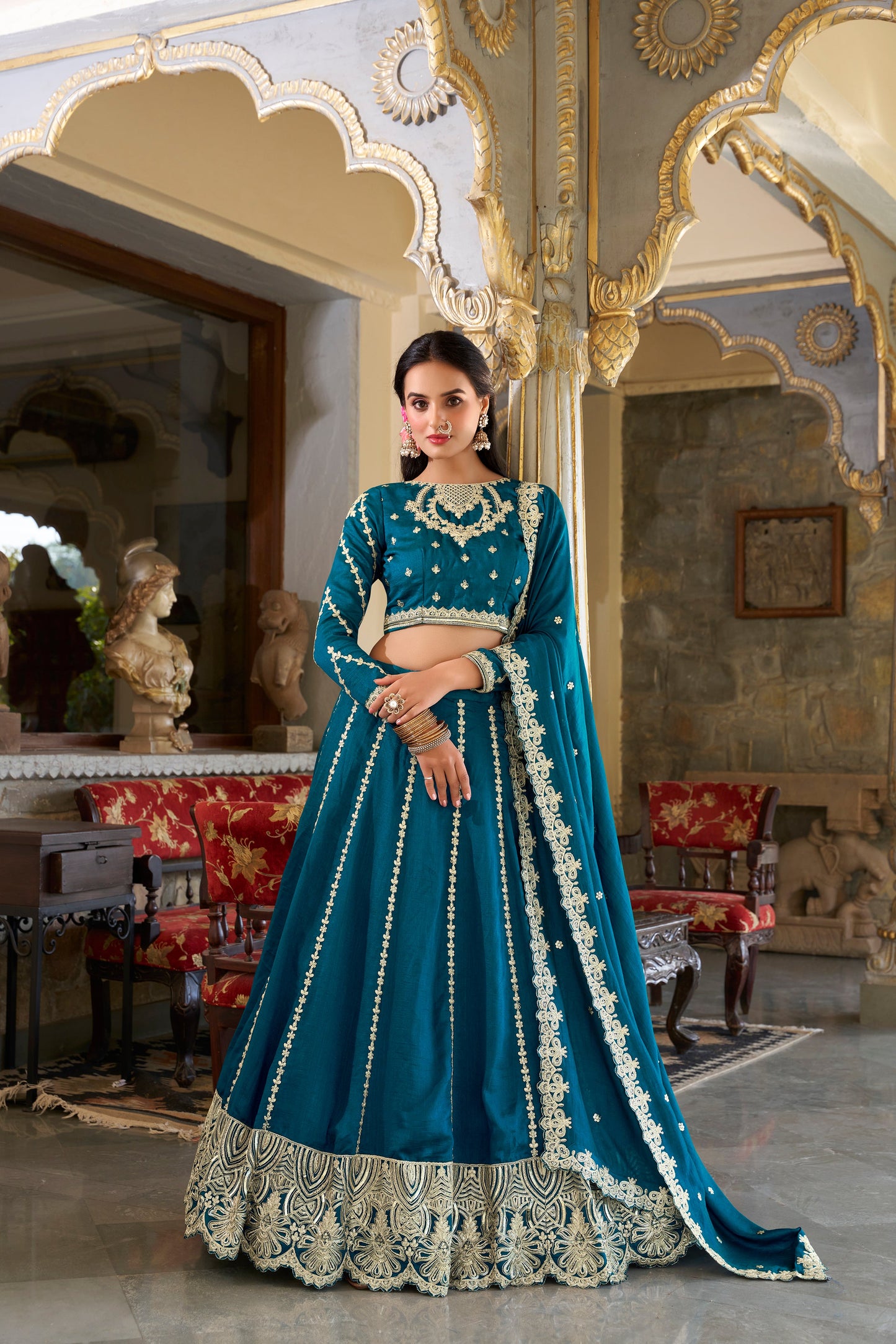 Lorenvalley Rama Vichitra Silk Sequins and Thread Embroidery Work Lehenga Choli | Swadesiicart