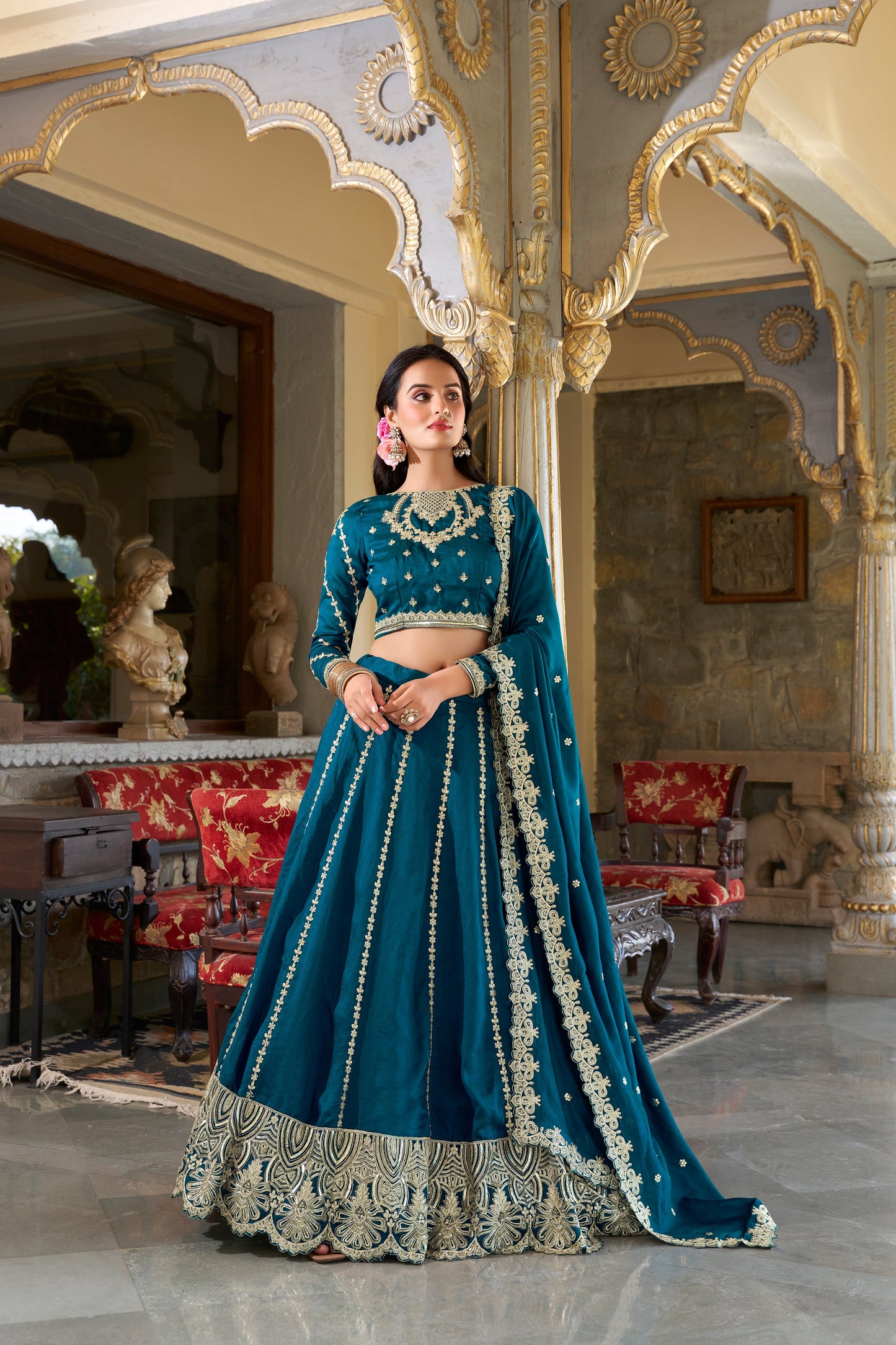 Lorenvalley Rama Vichitra Silk Sequins and Thread Embroidery Work Lehenga Choli | Swadesiicart
