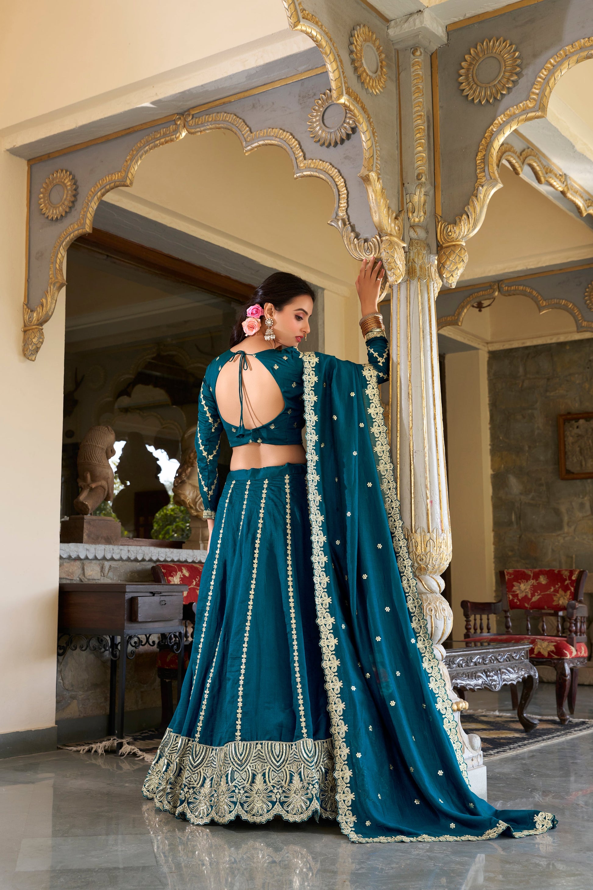 Lorenvalley Rama Vichitra Silk Sequins and Thread Embroidery Work Lehenga Choli | Swadesiicart