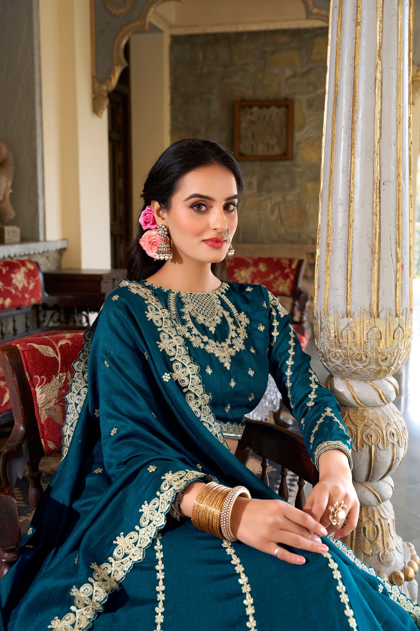 Lorenvalley Rama Vichitra Silk Sequins and Thread Embroidery Work Lehenga Choli | Swadesiicart