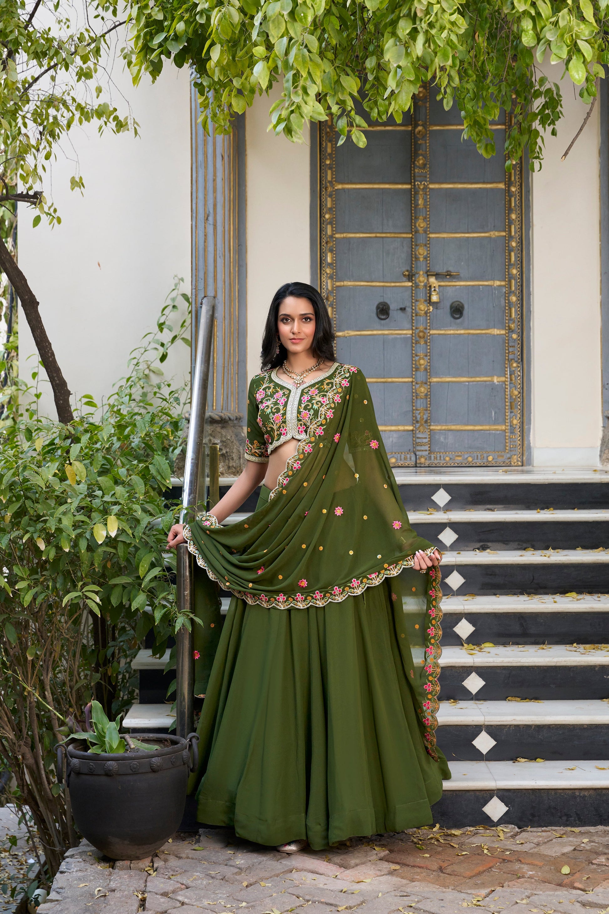 Lorenvalley Mehendi Georgette Plain Lehenga with Sequins and Thread Embroidery Work Choli Dupatta | Swadesiicart