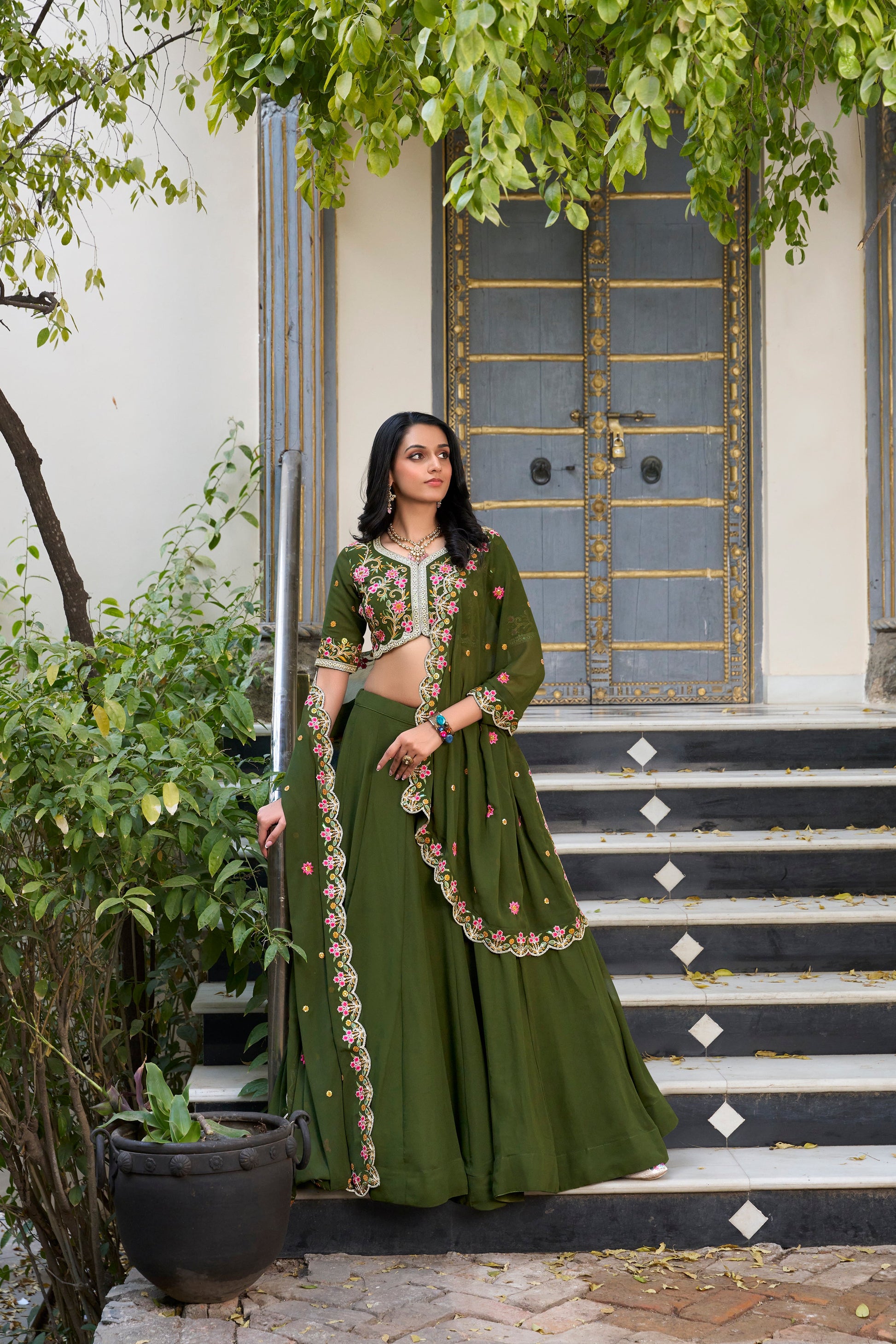 Lorenvalley Mehendi Georgette Plain Lehenga with Sequins and Thread Embroidery Work Choli Dupatta | Swadesiicart