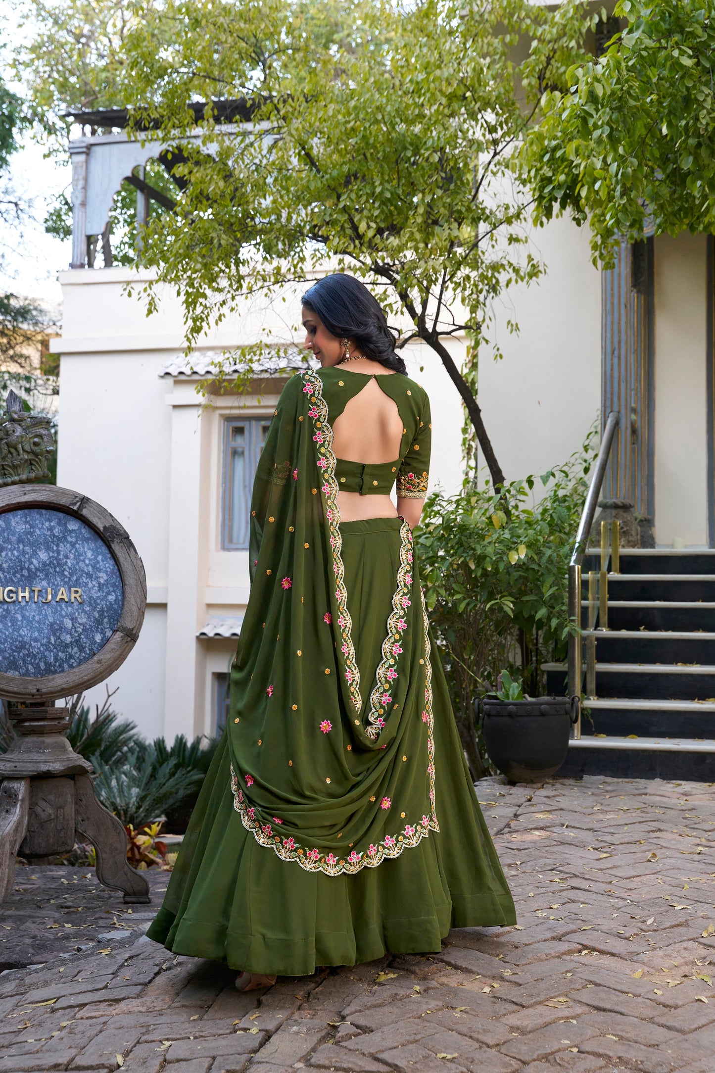 Lorenvalley Mehendi Georgette Plain Lehenga with Sequins and Thread Embroidery Work Choli Dupatta | Swadesiicart