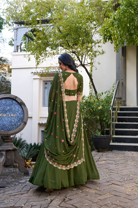 Lorenvalley Mehendi Georgette Plain Lehenga with Sequins and Thread Embroidery Work Choli Dupatta | Swadesiicart