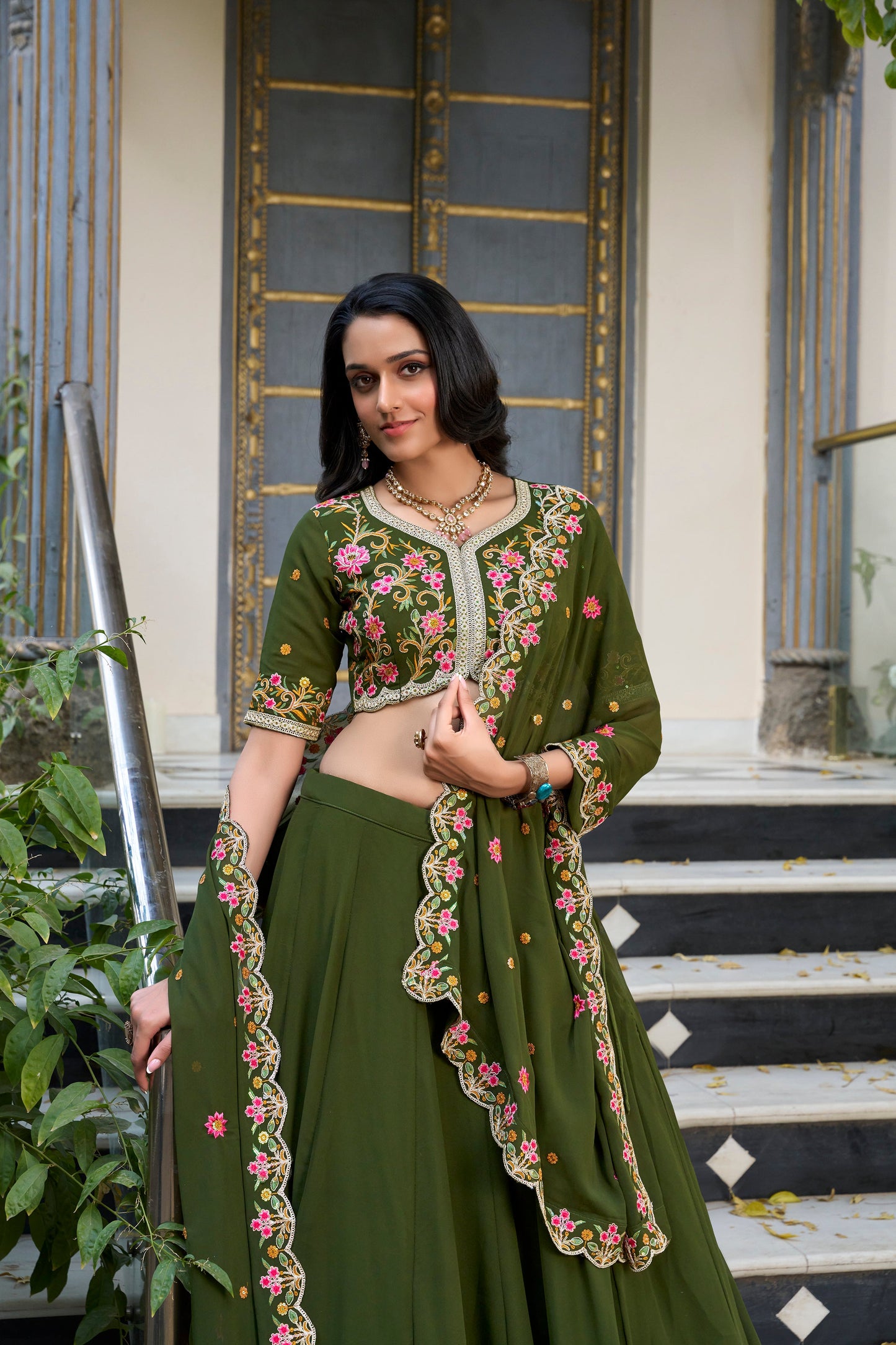 Lorenvalley Mehendi Georgette Plain Lehenga with Sequins and Thread Embroidery Work Choli Dupatta | Swadesiicart