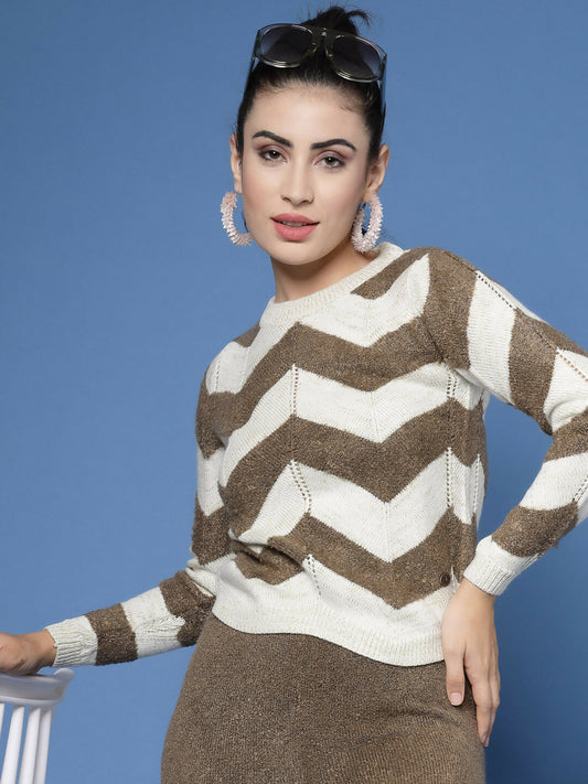 Women Cream Acrylic Stripe & Solid Winter Co-Ord Set - Wool Trees - Swadesiicart
