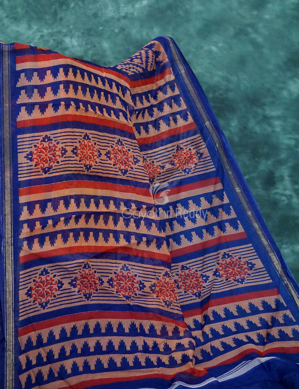 Light Orange And Ink Blue Colour Printed Semi Chanderi Saree By Gayathri Reddy Designer Studio | Swadesiicart