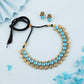 Tehzeeb Creations Sky Blue Colour Gold-Polished Stone Jewellery Choker Necklace Set With Matching Pair of Stud Earrings - Swadesiicart