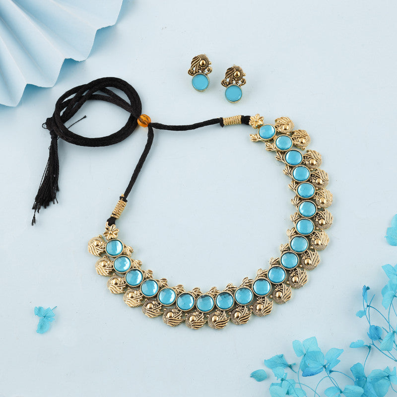 Tehzeeb Creations Sky Blue Colour Gold-Polished Stone Jewellery Choker Necklace Set With Matching Pair of Stud Earrings - Swadesiicart