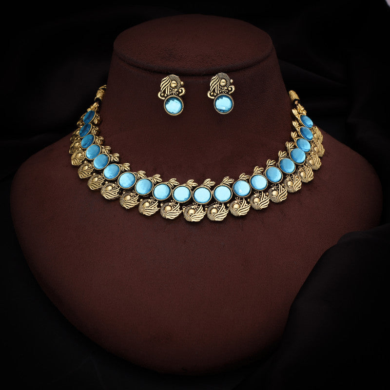 Tehzeeb Creations Sky Blue Colour Gold-Polished Stone Jewellery Choker Necklace Set With Matching Pair of Stud Earrings - Swadesiicart