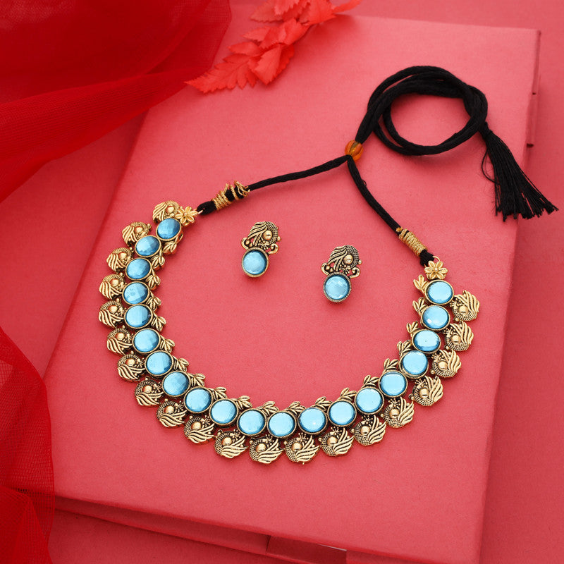 Tehzeeb Creations Sky Blue Colour Gold-Polished Stone Jewellery Choker Necklace Set With Matching Pair of Stud Earrings - Swadesiicart