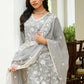 Vaasva Women Grey Linen Embroidered Solid Kurta Set With Solid Pants & Chiffon Embroidered Dupatta | Swadesiicart