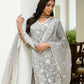 Vaasva Women Grey Linen Embroidered Solid Kurta Set With Solid Pants & Chiffon Embroidered Dupatta | Swadesiicart