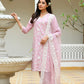 Vaasva Women Pink Linen Embroidered Solid Kurta Set With Solid Pants & Chiffon Embroidered Dupatta | Swadesiicart