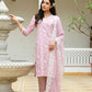Vaasva Women Pink Linen Embroidered Solid Kurta Set With Solid Pants & Chiffon Embroidered Dupatta | Swadesiicart
