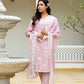 Vaasva Women Pink Linen Embroidered Solid Kurta Set With Solid Pants & Chiffon Embroidered Dupatta | Swadesiicart