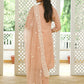 Vaasva Women Peach Linen Embroidered Solid Kurta Set With Solid Pants & Chiffon Embroidered Dupatta | Swadesiicart