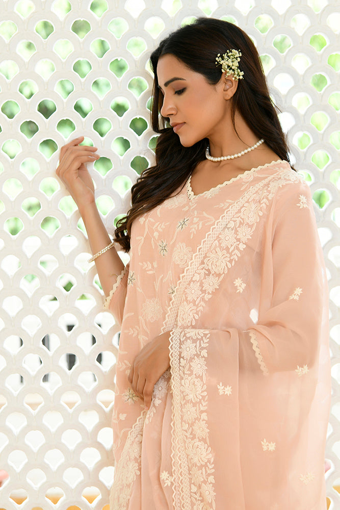 Vaasva Women Peach Linen Embroidered Solid Kurta Set With Solid Pants & Chiffon Embroidered Dupatta | Swadesiicart