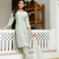 Vaasva Women Pista Linen Embroidered Solid Kurta Set With Solid Pants & Chiffon Embroidered Dupatta | Swadesiicart